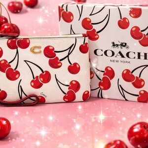 COACH 🍒 Chalk Leather Cherry Embossed Wristlet NIB